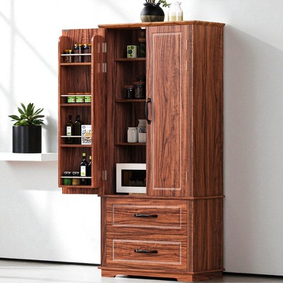 Kitchen Pantry Cabinet with 2 Drawers, 8 Door Shelves, Adjustable Shelves, Embossed Texture Freestanding Storage Hutch for Dining Room