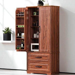Kitchen Pantry Cabinet with 2 Drawers, 8 Door Shelves, Adjustable Shelves, Embossed Texture Freestanding Storage Hutch for Dining Room - 1 of 4