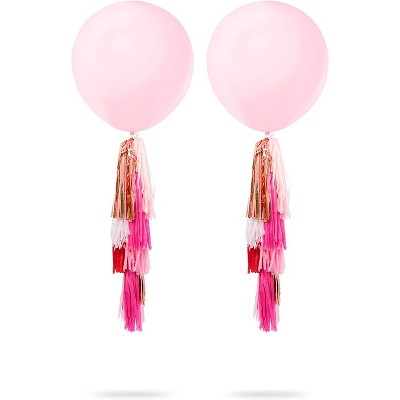 Sparkle and Bash 2 Pack Giant Latex Balloons with Tassels, Girl Baby Shower, Pink Party Décor, 36"