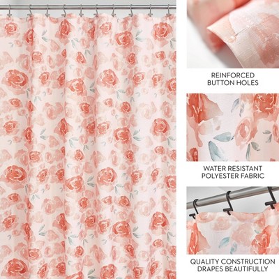 Peach Watercolor Floral Polyester Shower Curtain with Buttonholes