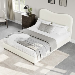Twin Bed Frame, Velvet Upholstered Headboard, Low Profile Platform w/ Wood Slats, Easy Assembly, Beige - 1 of 4