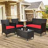 Costway 4PCS  Patio Furniture Set  Rattan Conversation Set W/ Tempered Glass Coffee Table Cushion Red