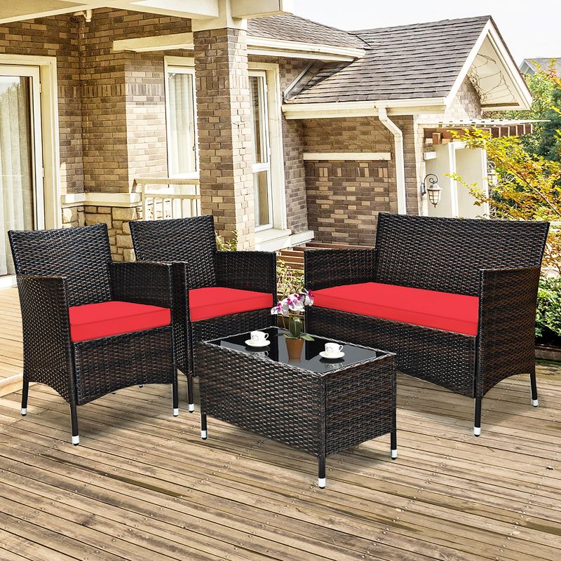 Costway 4PCS  Patio Furniture Set  Rattan Conversation Set W/ Tempered Glass Coffee Table Cushion Red, 1 of 12