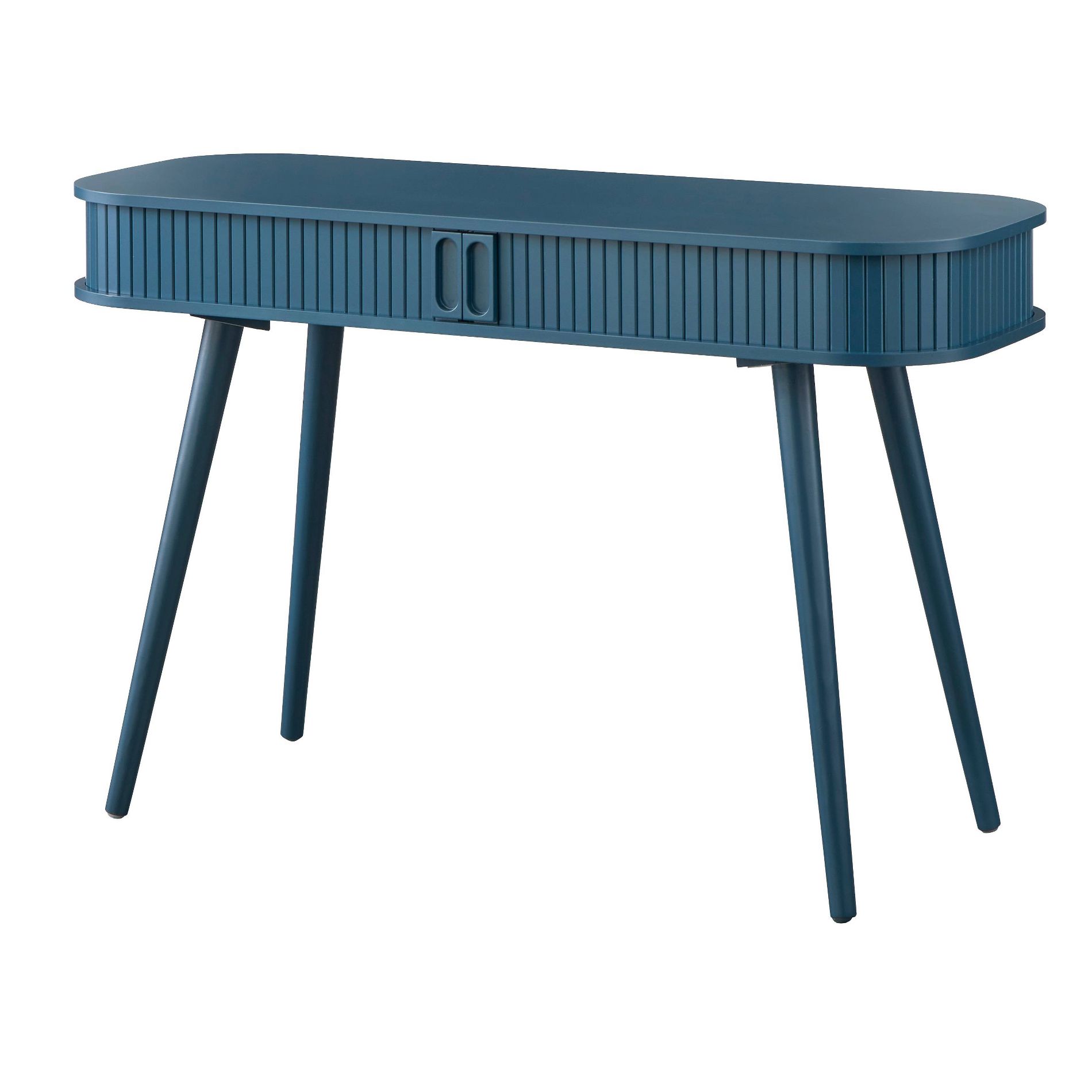Buylateral Edie Mid Century Modern Sliding Front Panels Oval Desk Midnight Blue: Contemporary Sliding Panel, Hidden Storage, Solid Wood Legs