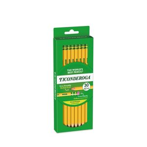 A green box containing 30 yellow colored #2 HB pencils with the label "Ticonderoga" and "The World's Best Pencil."