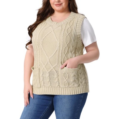 Women's Plus Size Knitted Crew Neck Sleeveless Casual Sweater Vest with Pocket - Agnes Orinda