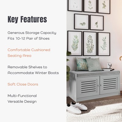 Gray Wooden Shoe Storage Bench with Cushioned Seat and Adjustable Shelves