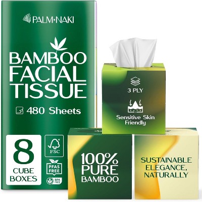 Palm Naki Bamboo Facial Tissue 3-Ply, Cube Boxes, 60 Sheets/Box Strong & Gentle Lint-Free Tree-Free
