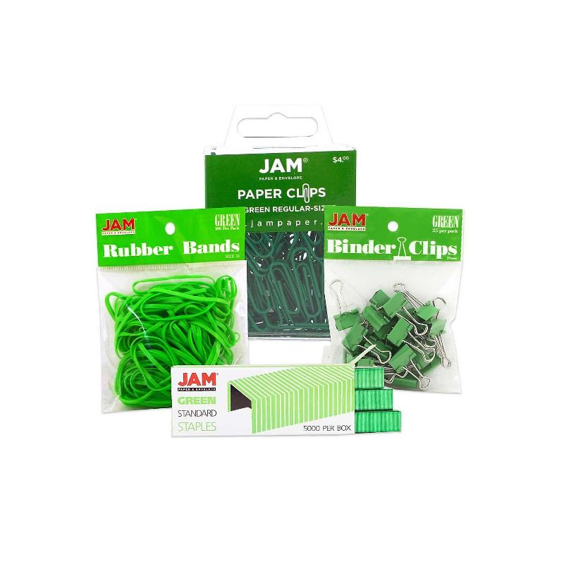 JAM Paper Desk Supply Assortment Green 1 Rubber Bands 1 Small Binder Clips 1 Staples & 1 Small Paper, 1 of 3