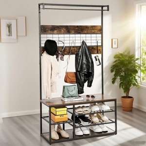 Hall Tree with Shoe Bench and Hanging Rod, 3 in 1 Coat Rack with Storage Shelves and Removable Hooks, Entryway Bench Storage - 1 of 4