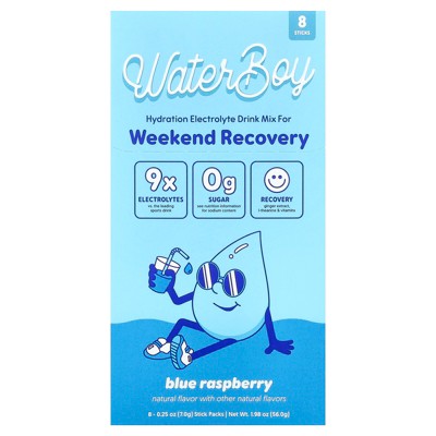 Waterboy Weekend Recovery, Hydration Electrolyte Drink Mix, Blue Raspberry, 8 Stick Packs, 0.25 oz (7 g) Each