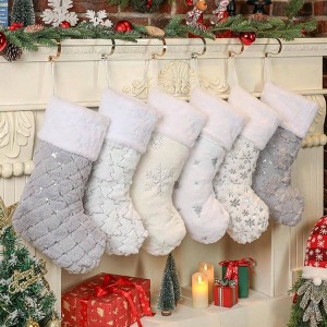 White Stockings Set of 6 - Elegant Christmas Stockings with Silver Tree Snowflake Designs, Fluffy and White Holiday Party Decorations - 1 of 4