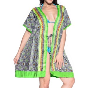 LA LEELA Women's Summer Front Open Vacation Beachwear Mini Bathing Suit Soft Beach Holiday Coverups Duster Cardigan for Women 2X-3X Green, Abstract - 1 of 4