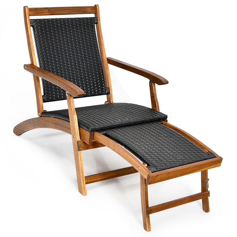 Costway  Patio Folding Rattan Lounge Chair Wooden Frame W/ Retractable Footrest, 2 of 9
