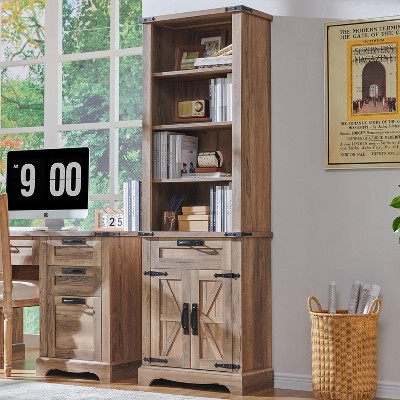 Farmhouse Bookshelf with Storage Cabinet, 72" Tall Bookcase with Drawer and Barn Door for Office Library, Living Room