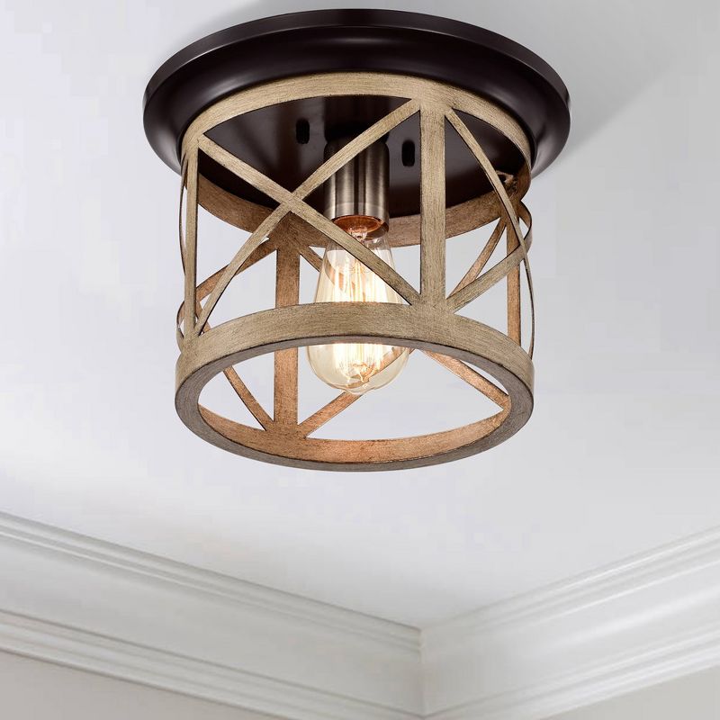 C Cattleya 1-Light Oil-rubbed Bronze and Briarwood Finish Farmhouse Cage Flush Mount Ceiling Light, 3 of 9