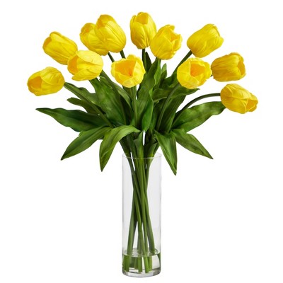 Nearly Natural 23-in Artificial Tulip Arrangement with Cylinder Glass Vase, Yellow