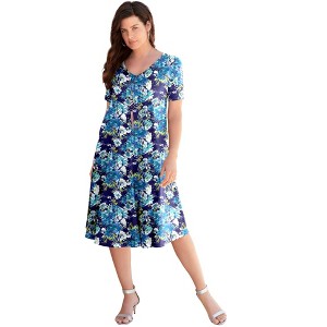 Roaman's Women's Plus Size Petite Ultrasmooth V Neck Swing Dress - 1 of 4