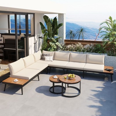 Whisen 6-Piece Outdoor Sectional Sofa Set with Round Nesting Coffee Tables and Seating Sofa with Cushions