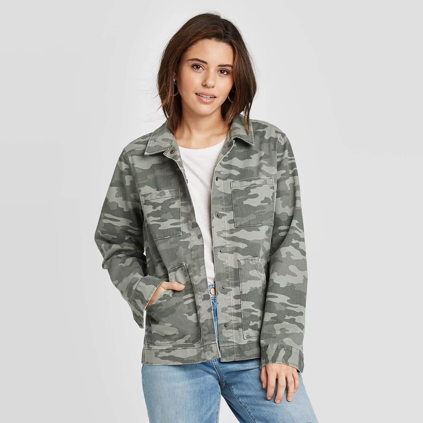 Women's Camo Print Long Sleeve Chore Jacket - Universal Thread™ Green - image 1 of 5