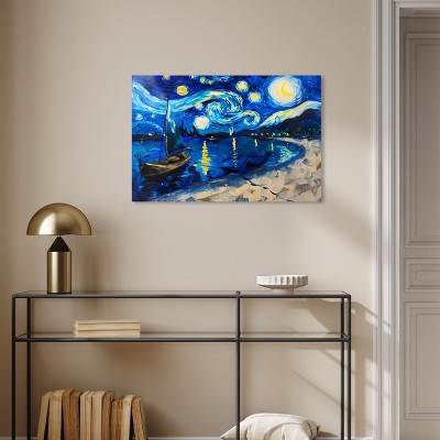 Whimsical Night Sail Blue and Yellow Canvas Wall Art, 30" x 20"