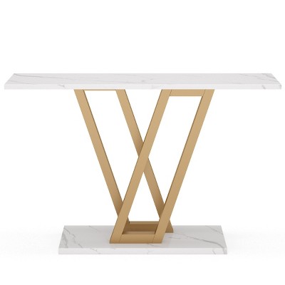 GlasFlength Console Tables Modern Narrow Table with Faux Marble Top and Gold Metal Frame for Living Room Entryway, White, 43.31"*11.81"*31.5"