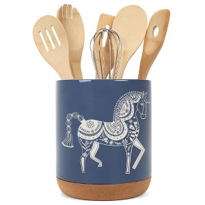 Elanze Designs Kitchen Utensil Holder With Non Slip Cork Base Large 8 Inch Ceramic Storage Crock Animal Countertop Organizer Floral Folk Horse Navy - 1 of 4