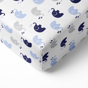 Bacati - Elephants Blue Muslin 100 percent Cotton Universal Baby US Standard Crib or Toddler Bed Fitted Sheet - 1 of 4