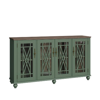 Green Vintage Style Wood Buffet Sideboard Cabinet with Glass Doors