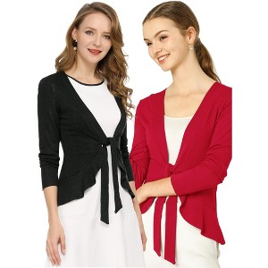 INSPIRE CHIC Women's Solid Tie Open Front Long Sleeve Knit Metallic Ruffled Crop Cardigan 2 Packs - 1 of 4