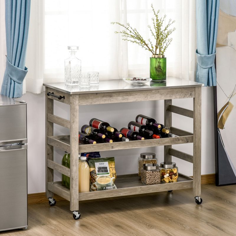 HOMCOM Rolling Kitchen Cart with Stainless Steel Countertop, 1 Bottom Shelf, 1 Slotted Middle Shelf and 4 Castor Wheels, Gray, 2 of 7