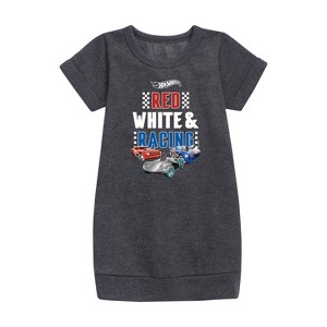 - Hot Wheels - Red, White, and Racing Graphic Short Sleeve Fleece Dress - 1 of 3