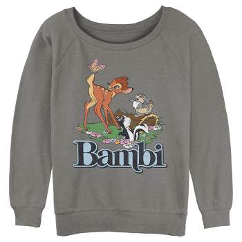 Juniors Womens Bambi Distressed Classic Scene Sweatshirt