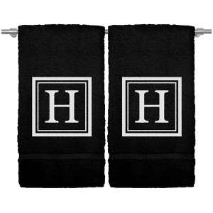 BC BARE COTTON Monogrammed Hand Towel, 100% Turkish Cotton - Set of 2 - Black - White Square - 1 of 4