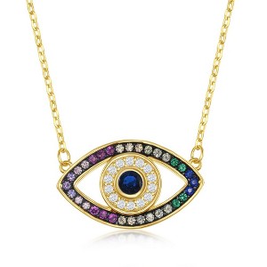 Bella Silver Sterling Silver Rainbow CZ Evil Eye Necklace - Gold Plated - Multi - 16+2 Inch - 1 of 2