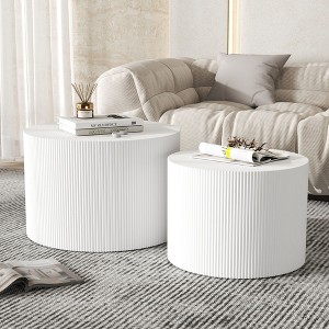 Round Coffee Table Set of 2, Modern Wooden White Nesting Coffee Tables for Living Room, No Assembly Required Circle Side Table Set Accent End Table - 1 of 4