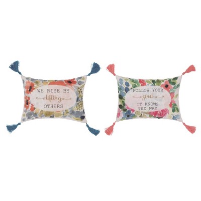 Transpac Fabric Flowers w/Tassels Pillow Set of 2 Spring Home Decorations
