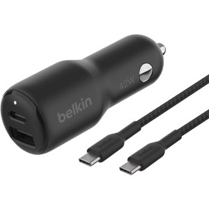 Belkin BoostCharge Dual Car Charger 42W w/Fast Charge USB-C 30W PPS & 12W USB-A Ports + USB-C to USB-C Cable - Black - 1 of 4