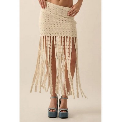 Women's Solid Crochet Eyelet-Knit Fringe Maxi Skirt - PROMESA