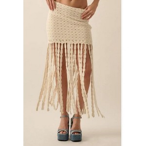 Women's Solid Crochet Eyelet-Knit Fringe Maxi Skirt - PROMESA - 1 of 4