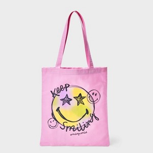 Girls' SmileyWorld Tote Bag - Pink: Cotton Shoulder Strap, Smiley Face Pattern, Lightweight Woven Handbag - 1 of 4