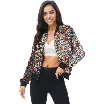 Anna-Kaci Sequin Bright Color Bomber Zip-Up Solid Jacket