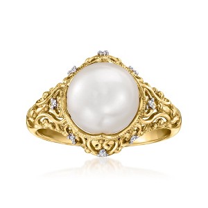 Ross-Simons 9-9.5mm Cultured Pearl Filigree Ring With Diamonds in 18kt Gold Over Sterling - 1 of 4