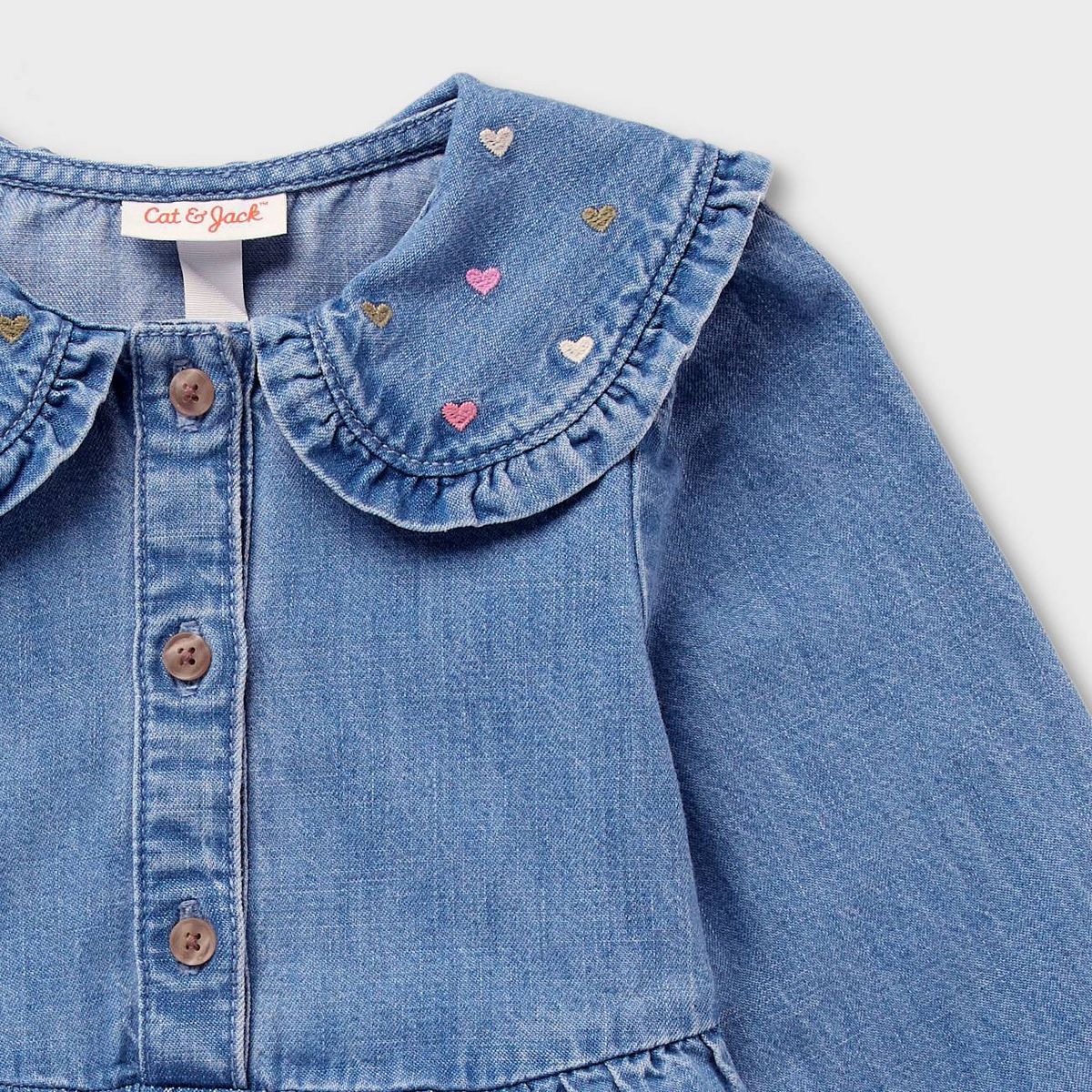 Baby and Toddler Girls' Long Sleeve Heart Collar Denim Dress - Cat & Jack™ Medium Wash - thumbnail 4