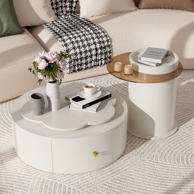 Modern Round Coffee Table Set of 2 , 360-Degree Rotatable Flower-shaped Top with 2 Drawers, Top Circle Side Table End Table with Glass