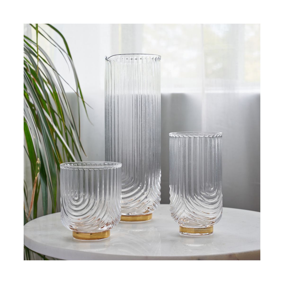 Viski Gatsby Vintage Cocktail Mixing Glass - Art Deco Ripple Glassware Arch Design, 47oz Gold Plated Base Crystal Mixing Glass - thumbnail 5