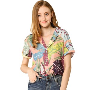 Allegra K Women's Hawaiian Floral Leaves Printed Short Sleeve Button Down Vintage Shirt - 1 of 4