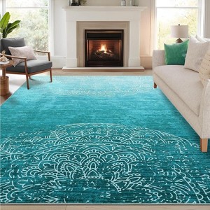 Washable Area Rug - Stain Resistant Semicircular Floral Print Carpet with Non-Slip Backing for Living Room Bedroom Dining Room Office - 1 of 4