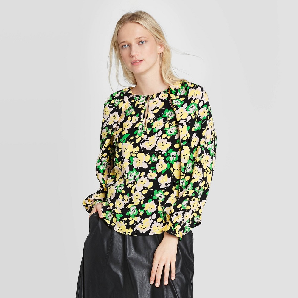 Women's Floral Print Balloon Long Sleeve Keyhole Blouse - Who What Wear Black L was $29.99 now $20.99 (30.0% off)