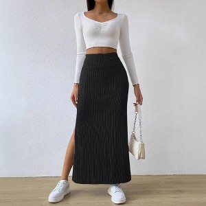Coolmee Womens Knit Maxi Skirts CasualHigh Waisted Long Skirt with Side High Slit Elegant Work Office Skirts - 1 of 4
